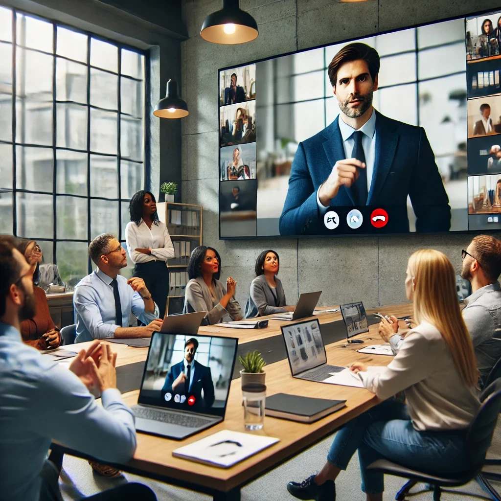 DALL·E 2025-03-06 18.12.25 - A virtual leadership training session with a diverse group of remote workers engaged in a video call. The main speaker, a confident and inspiring lead