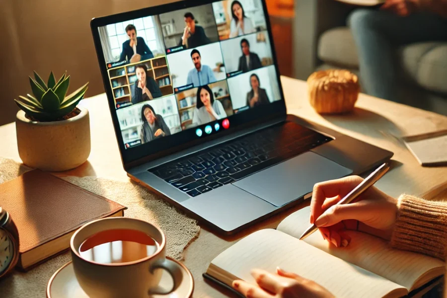 DALL·E 2025-03-06 22.35.45 - A home office setup with a laptop open to a video call, where a diverse team is engaged in a thoughtful discussion. A person is seen taking notes with