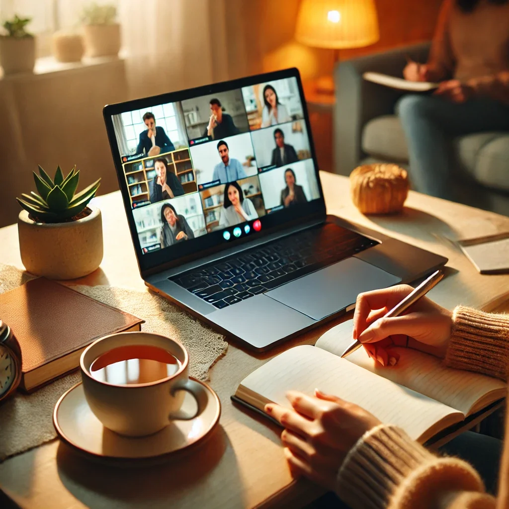 DALL·E 2025-03-06 22.35.45 - A home office setup with a laptop open to a video call, where a diverse team is engaged in a thoughtful discussion. A person is seen taking notes with