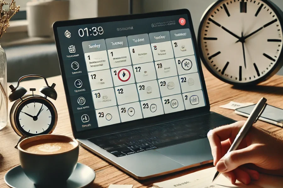 DALL·E 2025-03-06 22.38.30 - A modern and organized home office setup with a laptop displaying a calendar and task management app. A person is seen using a timer while taking note