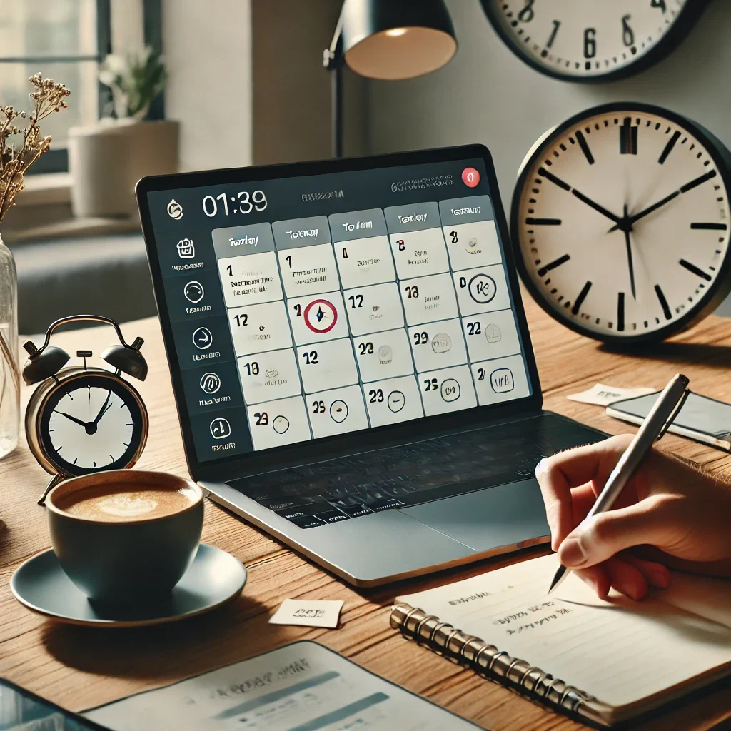 DALL·E 2025-03-06 22.38.30 - A modern and organized home office setup with a laptop displaying a calendar and task management app. A person is seen using a timer while taking note