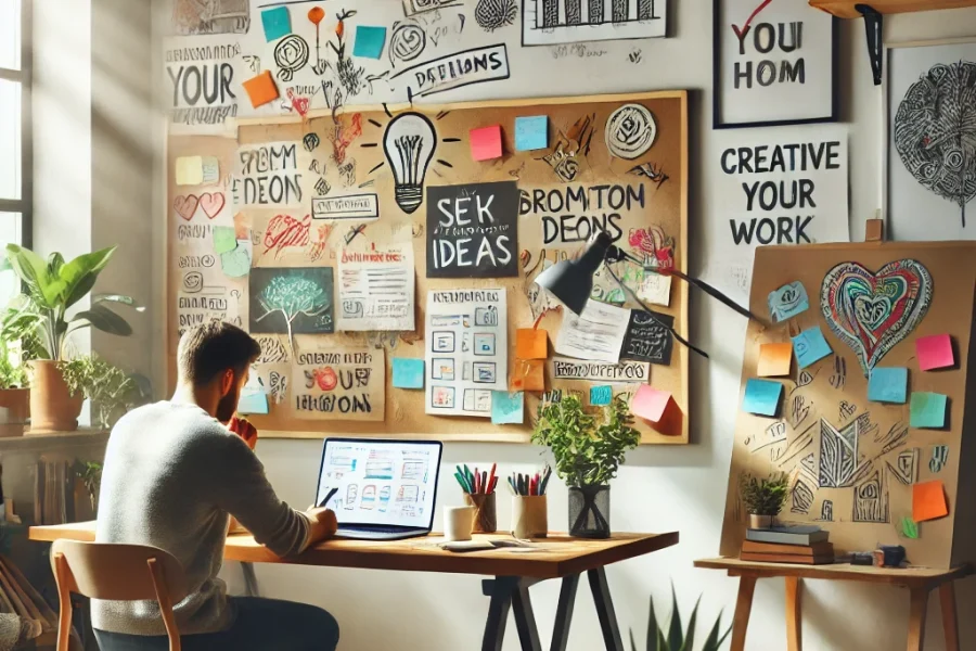 DALL·E 2025-03-06 22.42.49 - A modern and cozy home office setup with a whiteboard filled with colorful brainstorming notes. A person is sitting at a desk, sketching ideas in a no