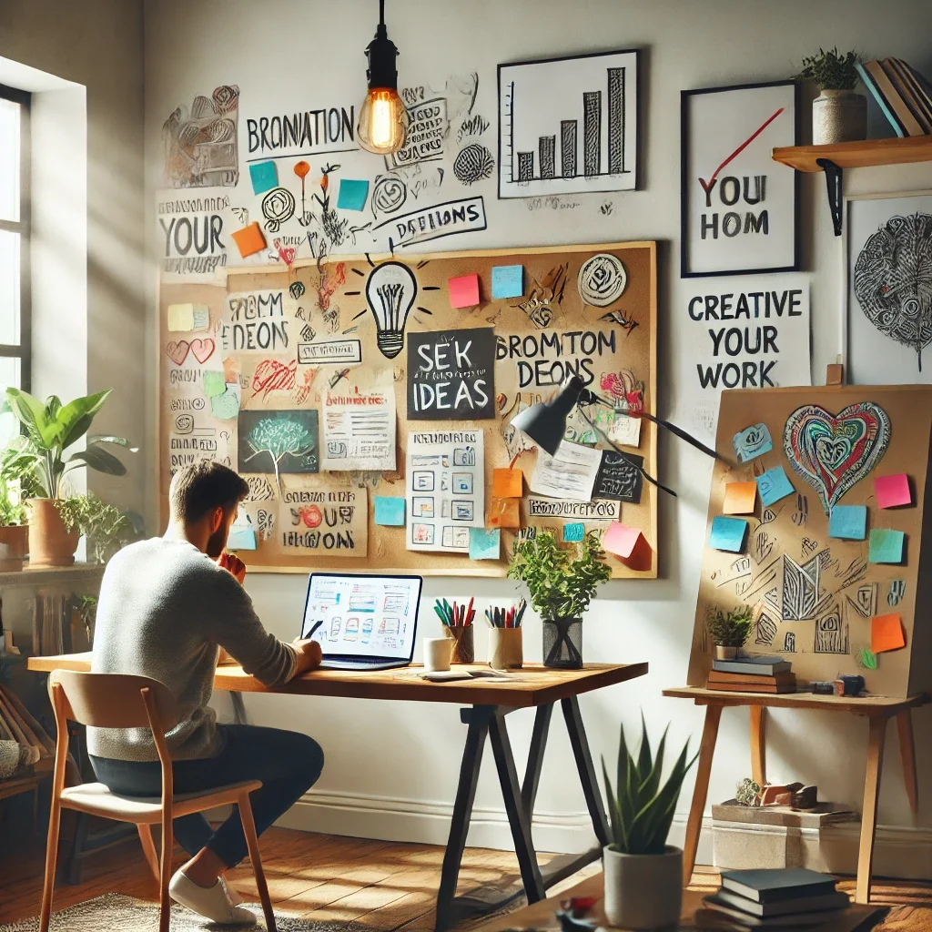 DALL·E 2025-03-06 22.42.49 - A modern and cozy home office setup with a whiteboard filled with colorful brainstorming notes. A person is sitting at a desk, sketching ideas in a no