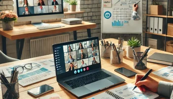 DALL·E 2025-03-09 11.48.05 – A professional home office where a remote worker is engaging in a virtual team collaboration. The workspace includes a laptop displaying a video confe DALL·E 2025-03-09 11.48.05 - A professional home office where a remote worker is engaging in a virtual team collaboration. The workspace includes a laptop displaying a video confe