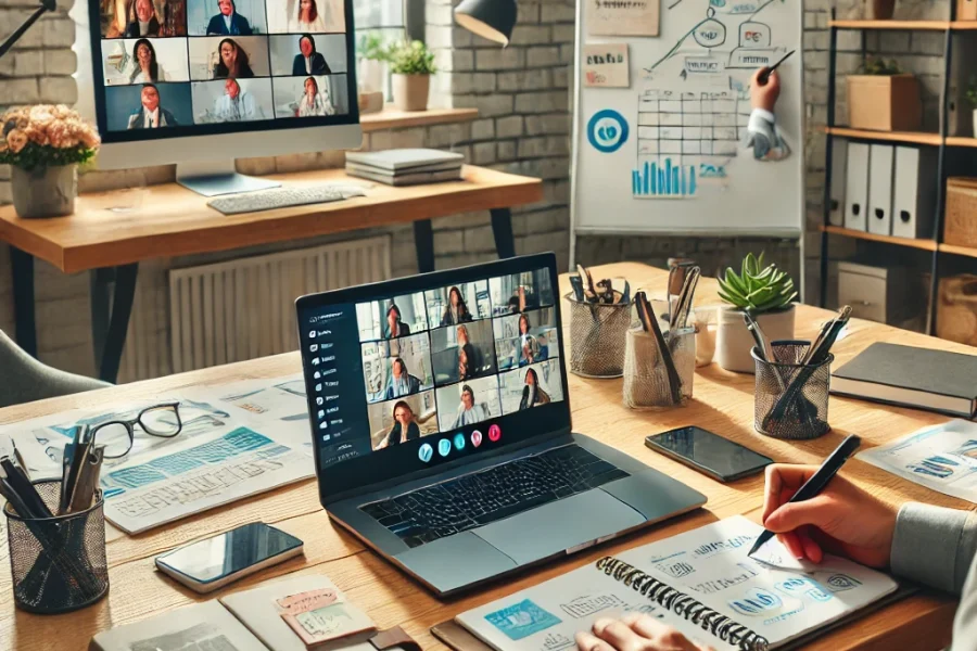 DALL·E 2025-03-09 11.48.05 - A professional home office where a remote worker is engaging in a virtual team collaboration. The workspace includes a laptop displaying a video confe