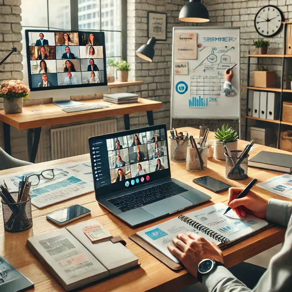 DALL·E 2025-03-09 11.48.05 - A professional home office where a remote worker is engaging in a virtual team collaboration. The workspace includes a laptop displaying a video confe