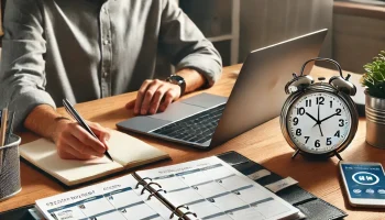 DALL·E 2025-03-09 11.50.04 – A remote worker in a well-organized home office managing time effectively. The desk includes a digital planner, a clock, and a laptop displaying a tas DALL·E 2025-03-09 11.50.04 - A remote worker in a well-organized home office managing time effectively. The desk includes a digital planner, a clock, and a laptop displaying a tas