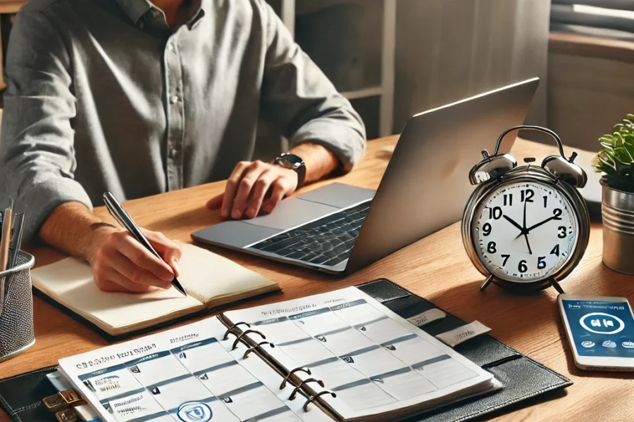 DALL·E 2025-03-09 11.50.04 - A remote worker in a well-organized home office managing time effectively. The desk includes a digital planner, a clock, and a laptop displaying a tas