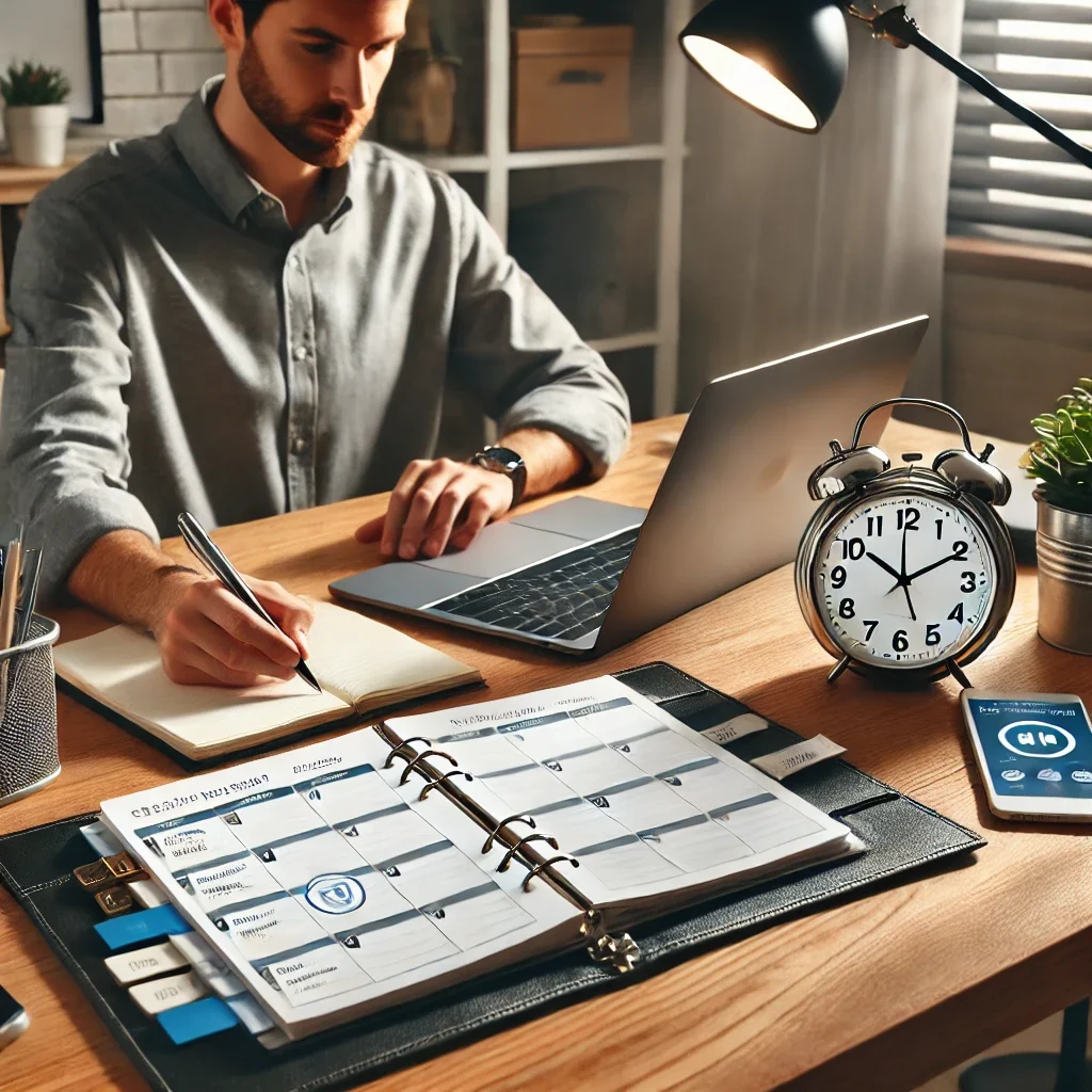 DALL·E 2025-03-09 11.50.04 - A remote worker in a well-organized home office managing time effectively. The desk includes a digital planner, a clock, and a laptop displaying a tas