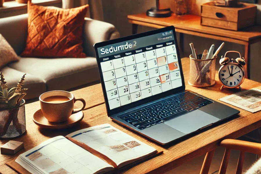 DALL·E 2025-03-09 11.52.54 - A cozy home office where a remote worker is adapting their work schedule with flexibility. The workspace includes a laptop displaying a calendar with