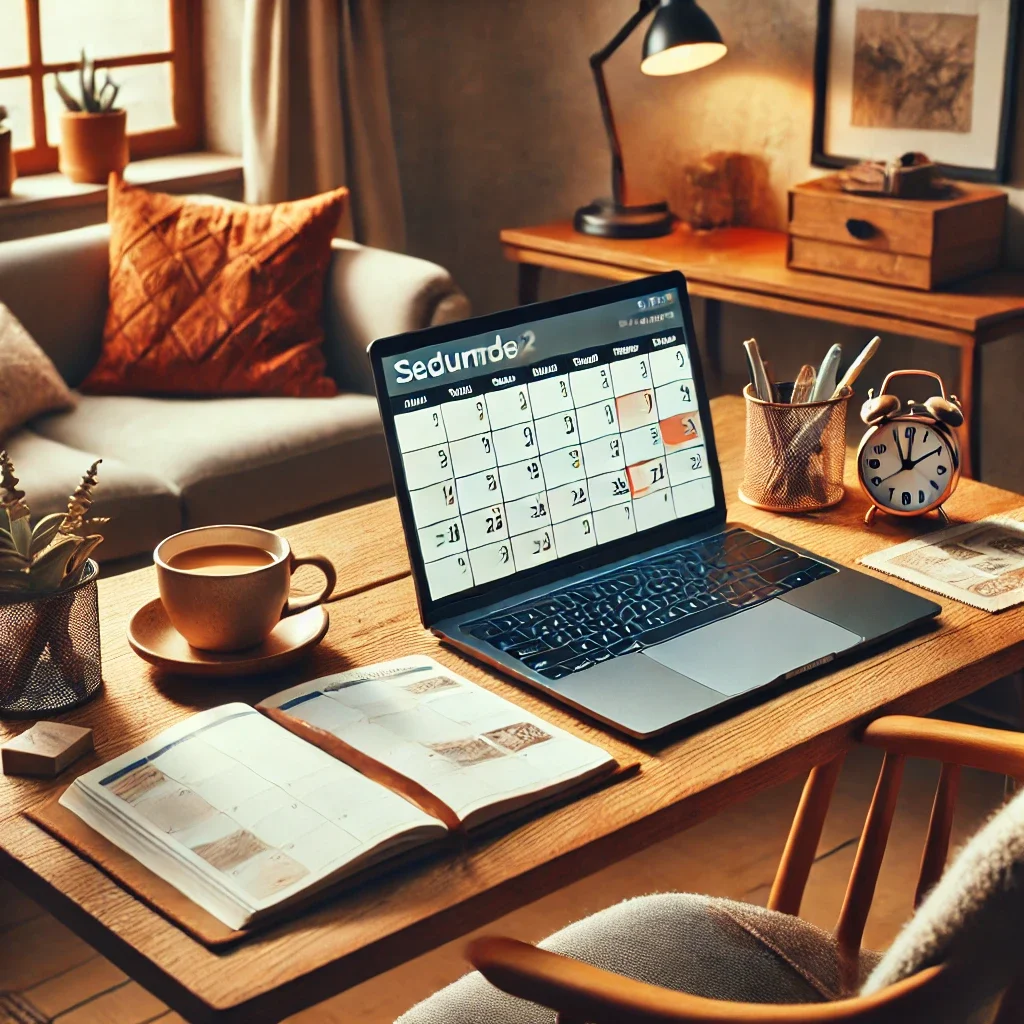 DALL·E 2025-03-09 11.52.54 - A cozy home office where a remote worker is adapting their work schedule with flexibility. The workspace includes a laptop displaying a calendar with