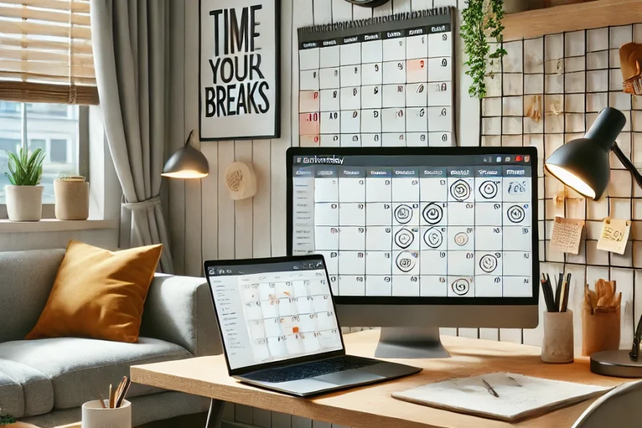DALL·E 2025-03-09 11.53.59 - A modern home office where a remote worker is balancing work and personal life. The workspace includes a calendar with scheduled breaks, a laptop disp