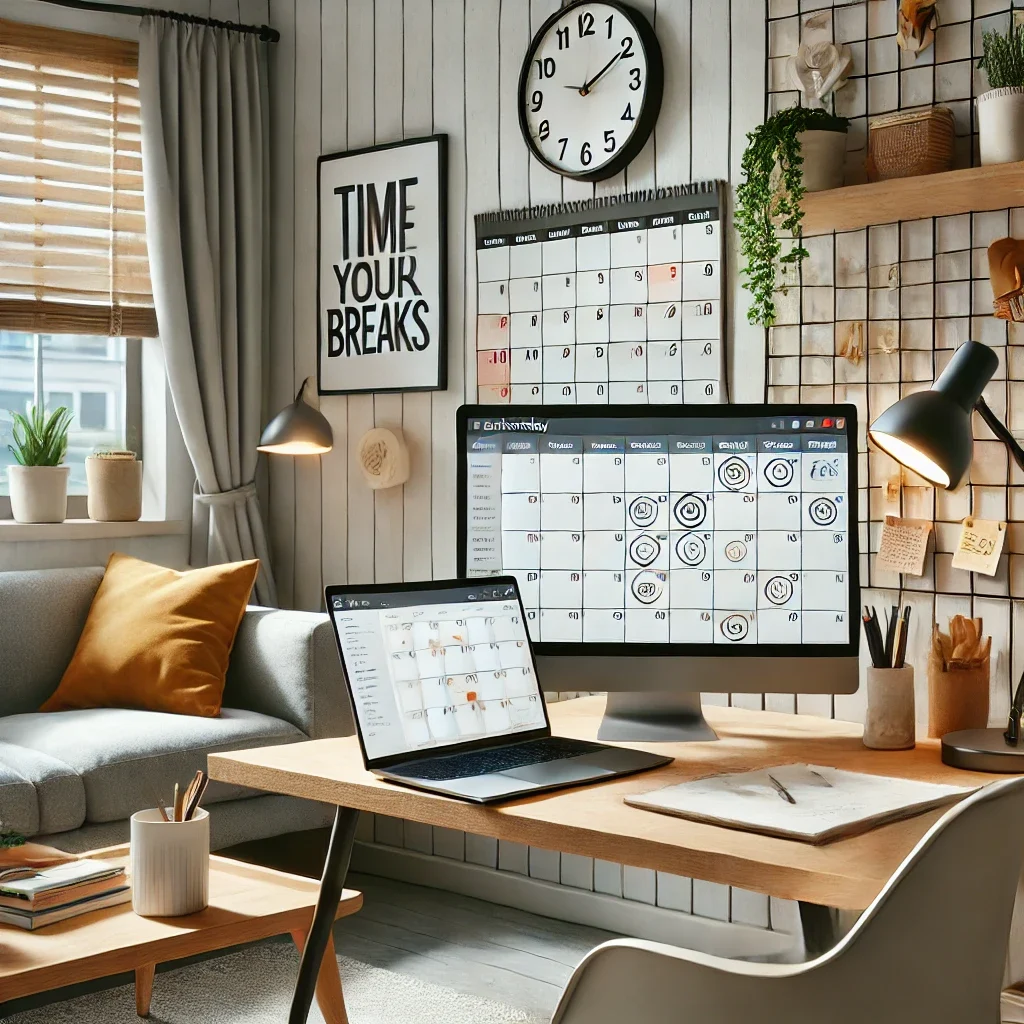 DALL·E 2025-03-09 11.53.59 - A modern home office where a remote worker is balancing work and personal life. The workspace includes a calendar with scheduled breaks, a laptop disp