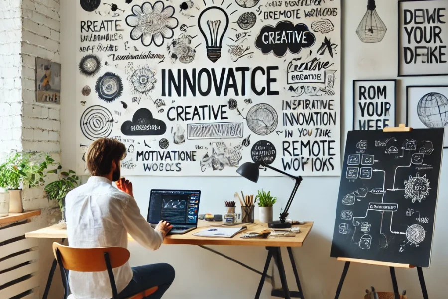 DALL·E 2025-03-09 11.55.18 - A creative home office where a remote worker is brainstorming innovative ideas. The workspace includes a whiteboard with mind maps, a laptop displayin
