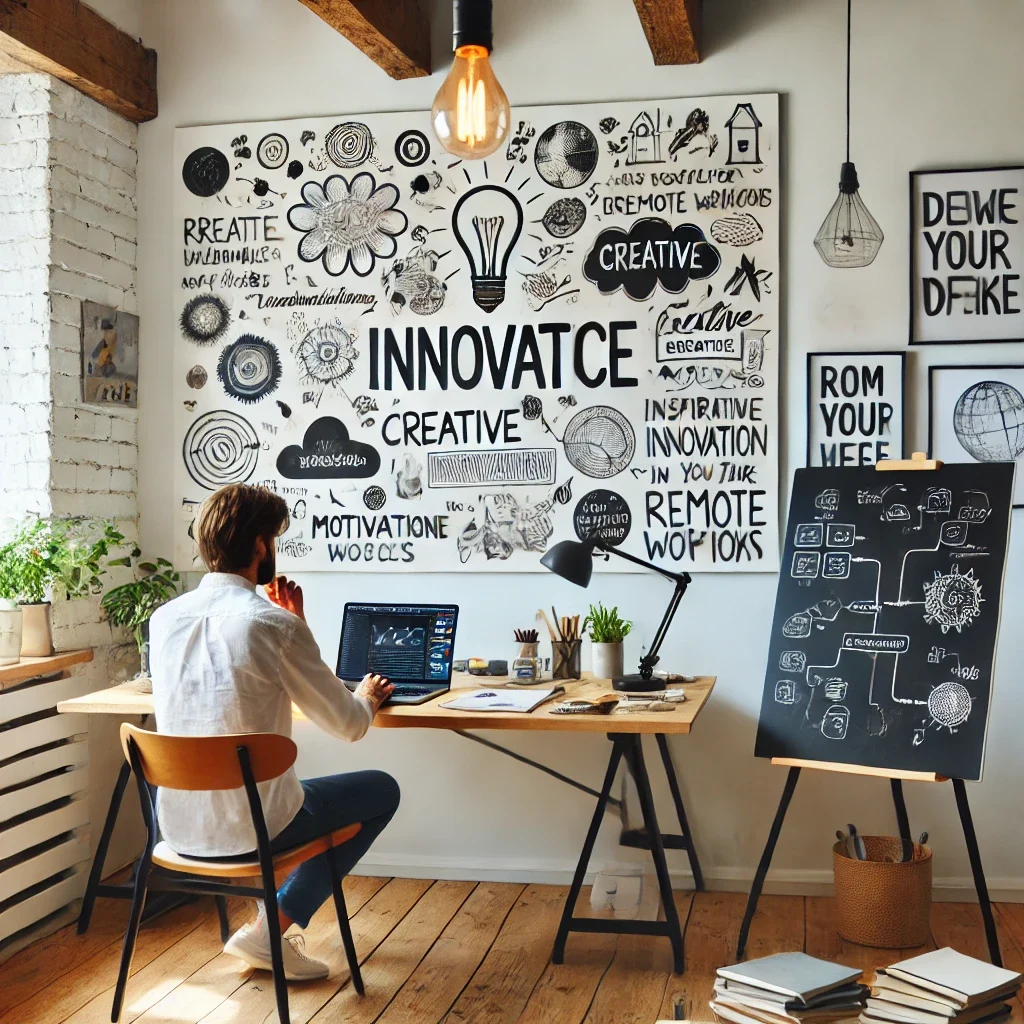 DALL·E 2025-03-09 11.55.18 - A creative home office where a remote worker is brainstorming innovative ideas. The workspace includes a whiteboard with mind maps, a laptop displayin
