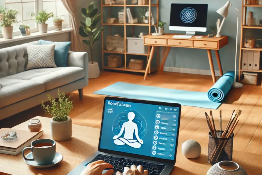 DALL·E 2025-03-09 11.57.29 - A calm and organized home office where a remote worker is practicing stress management techniques. The workspace includes a laptop displaying a mindfu