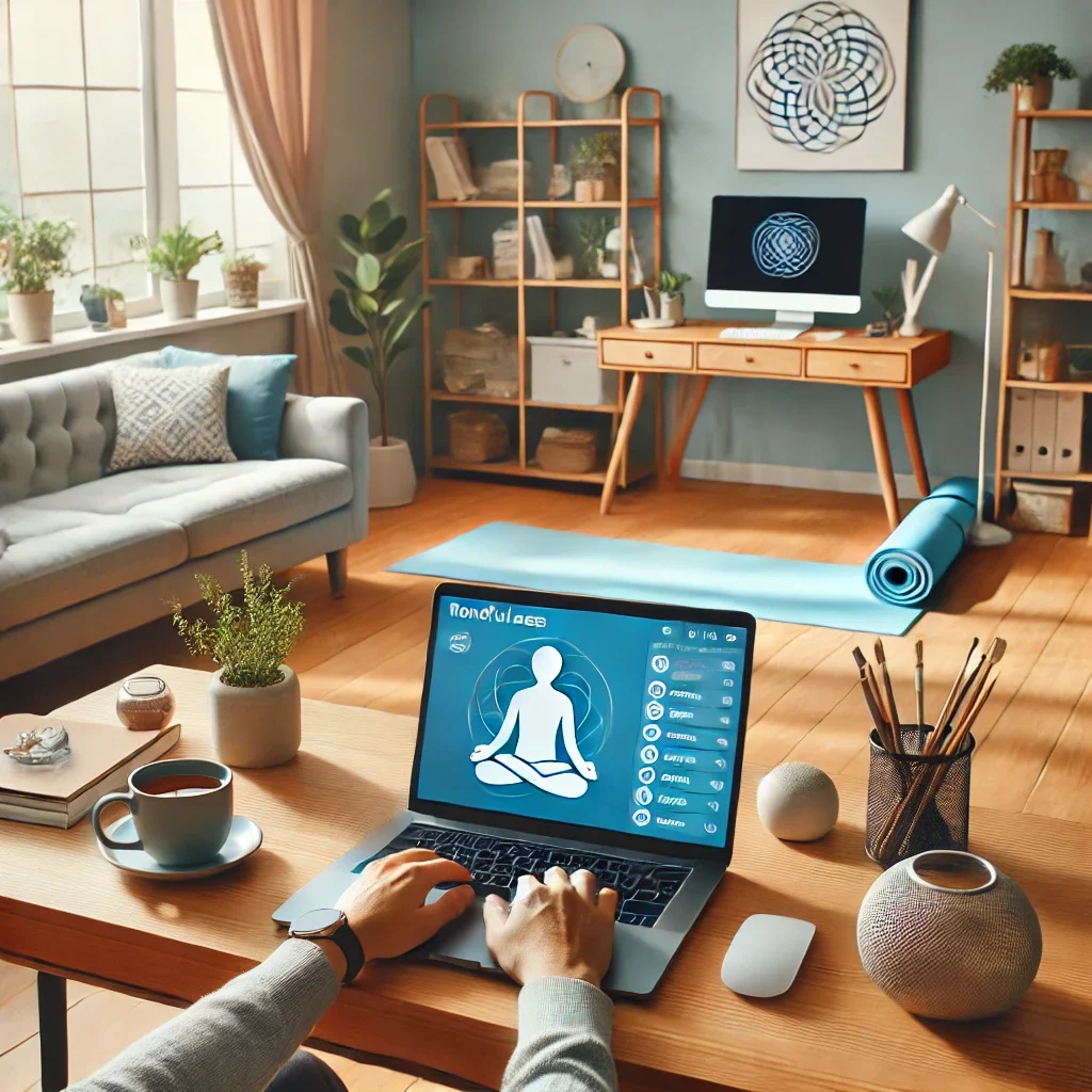 DALL·E 2025-03-09 11.57.29 - A calm and organized home office where a remote worker is practicing stress management techniques. The workspace includes a laptop displaying a mindfu