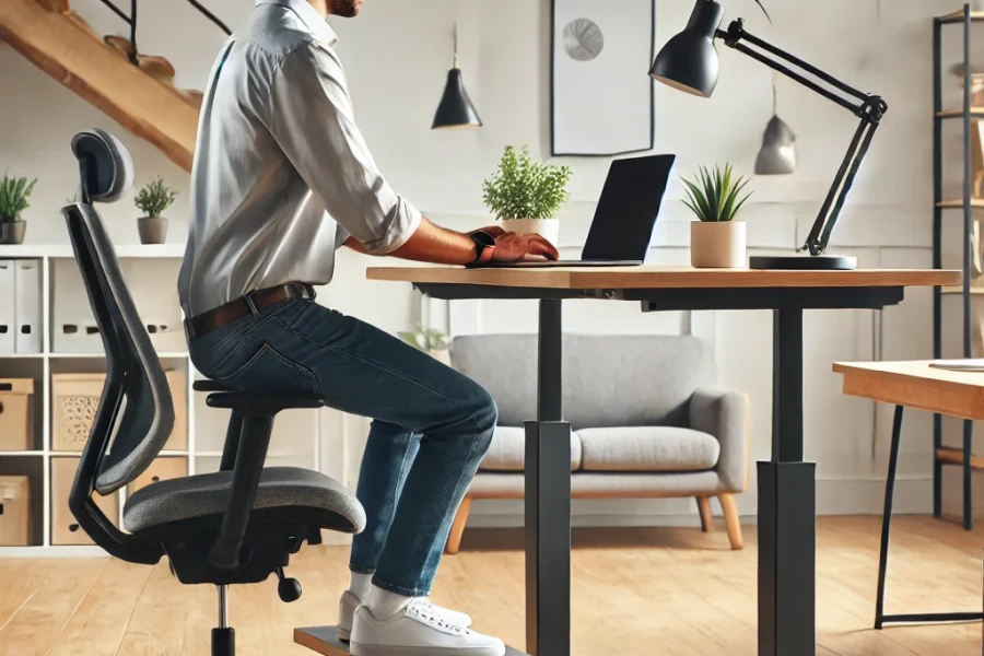 DALL·E 2025-03-09 11.59.38 - A modern home office setup where a remote worker is maintaining good ergonomic posture. The workspace includes an adjustable standing desk, an ergonom