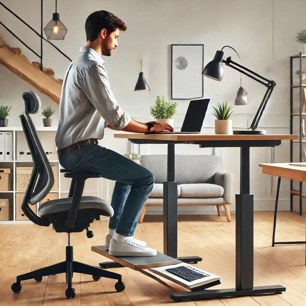 DALL·E 2025-03-09 11.59.38 - A modern home office setup where a remote worker is maintaining good ergonomic posture. The workspace includes an adjustable standing desk, an ergonom