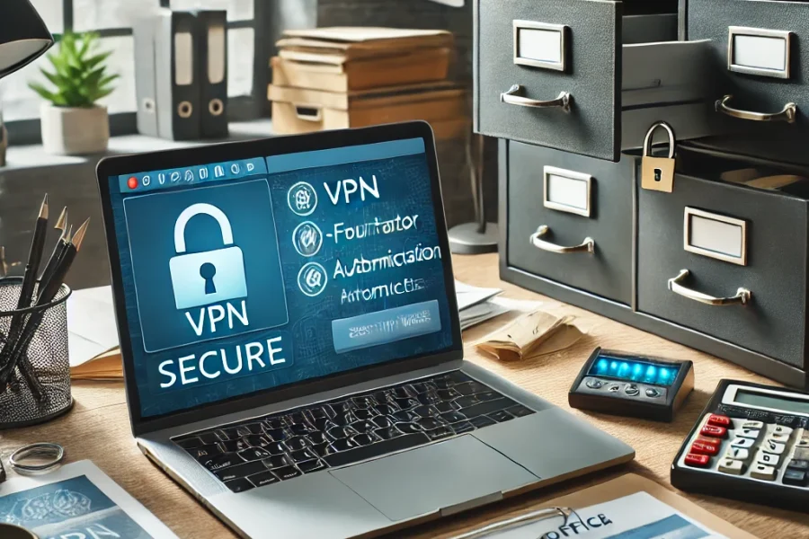 DALL·E 2025-03-09 12.14.49 - A secure home office where a remote worker is implementing cybersecurity measures. The workspace includes a laptop with a VPN active, two-factor authe