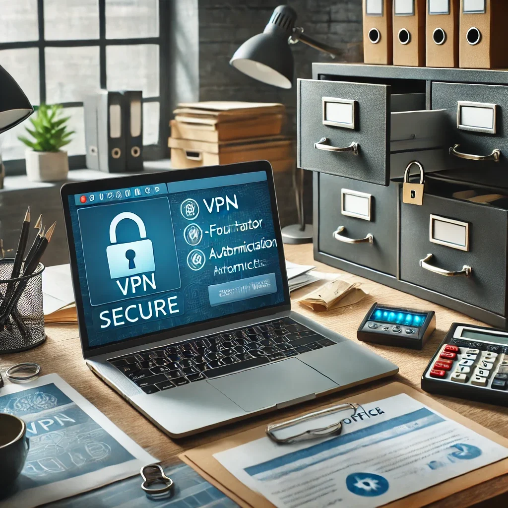 DALL·E 2025-03-09 12.14.49 - A secure home office where a remote worker is implementing cybersecurity measures. The workspace includes a laptop with a VPN active, two-factor authe