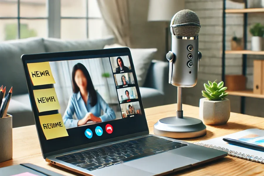 DALL·E 2025-03-09 12.16.02 - A professional home office where a remote worker is engaged in virtual communication. The workspace includes a laptop with an open video call, a micro