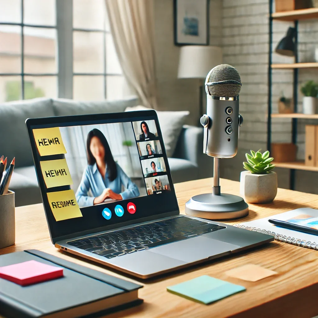 DALL·E 2025-03-09 12.16.02 - A professional home office where a remote worker is engaged in virtual communication. The workspace includes a laptop with an open video call, a micro