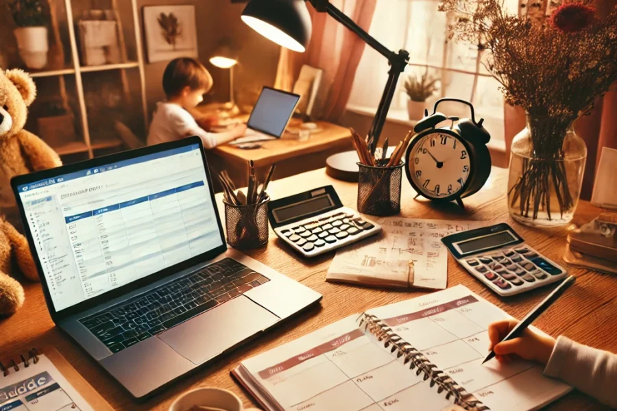 DALL·E 2025-03-09 12.17.26 - A cozy home office where a remote worker is balancing work and family life. The workspace includes a laptop with an open task list, a child’s drawing