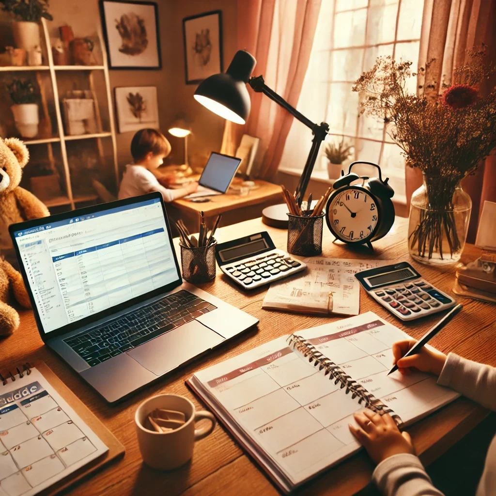DALL·E 2025-03-09 12.17.26 - A cozy home office where a remote worker is balancing work and family life. The workspace includes a laptop with an open task list, a child’s drawing