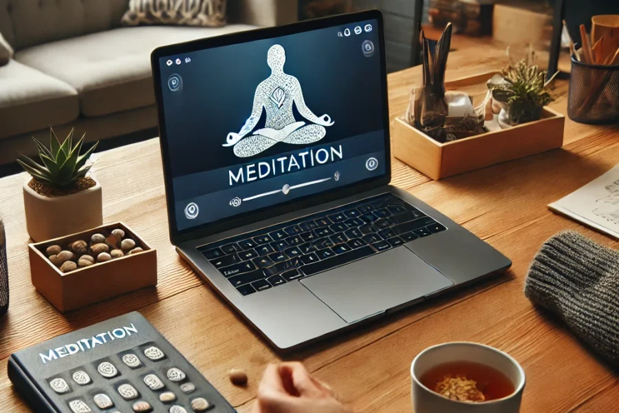 DALL·E 2025-03-09 12.19.04 - A calm and focused home office where a remote worker is practicing stress management techniques. The workspace includes a laptop displaying a meditati