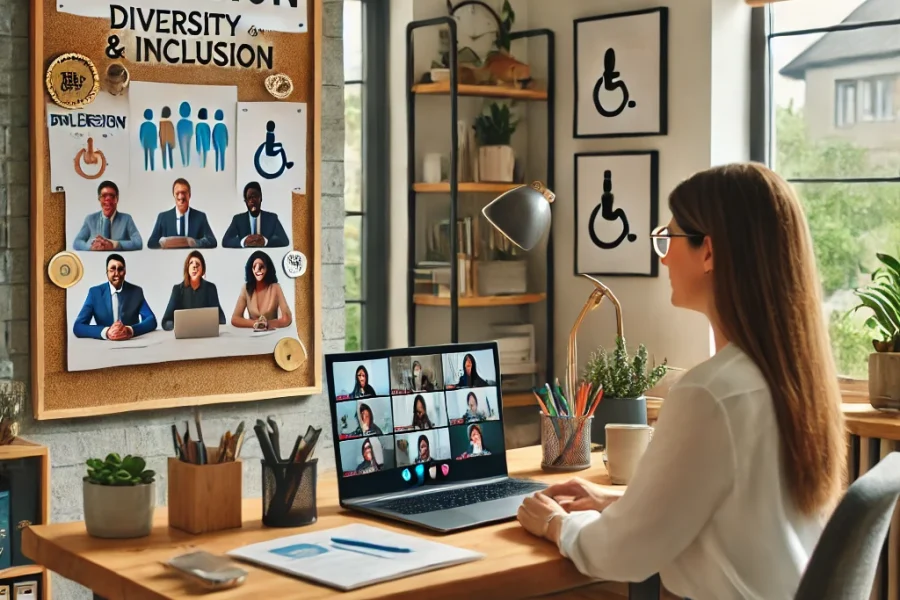 DALL·E 2025-03-09 12.20.21 - A professional home office where a remote worker is promoting diversity and inclusion. The workspace includes a laptop displaying a virtual meeting wi