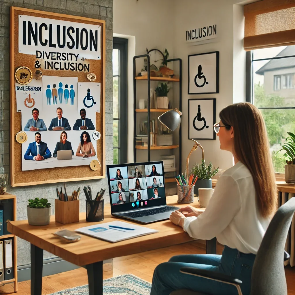 DALL·E 2025-03-09 12.20.21 - A professional home office where a remote worker is promoting diversity and inclusion. The workspace includes a laptop displaying a virtual meeting wi