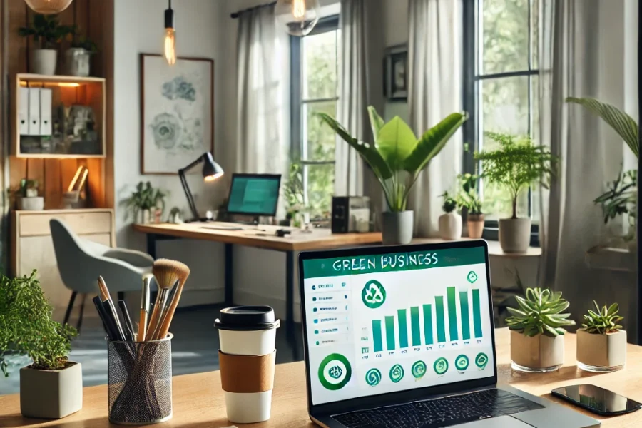 DALL·E 2025-03-09 12.21.24 - A sustainable home office where a remote worker is implementing eco-friendly practices. The workspace includes energy-efficient lighting, a laptop wit