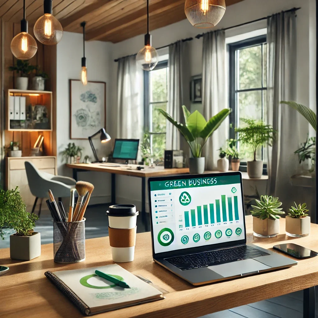DALL·E 2025-03-09 12.21.24 - A sustainable home office where a remote worker is implementing eco-friendly practices. The workspace includes energy-efficient lighting, a laptop wit