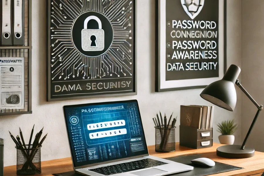 DALL·E 2025-03-09 12.22.49 - A secure home office where a remote worker is following cybersecurity best practices. The workspace includes a laptop with an encrypted connection, a