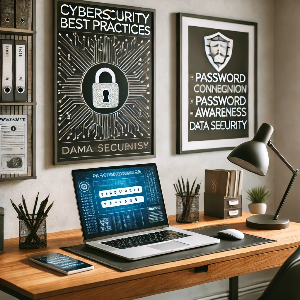 DALL·E 2025-03-09 12.22.49 - A secure home office where a remote worker is following cybersecurity best practices. The workspace includes a laptop with an encrypted connection, a