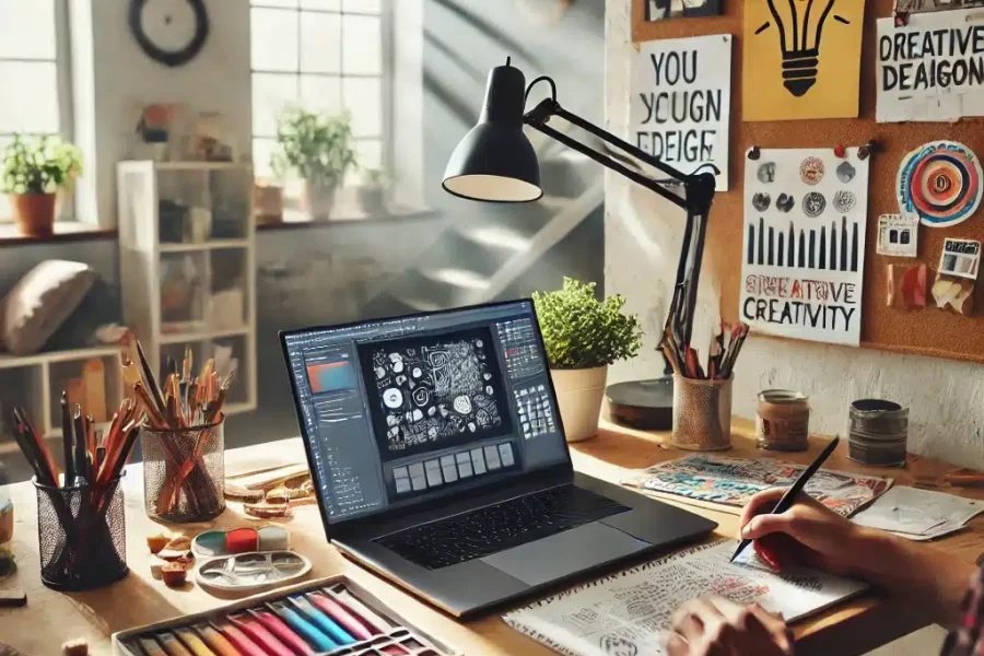 DALL·E 2025-03-09 12.23.54 - A creative home office where a remote worker is engaging in artistic and problem-solving activities. The workspace includes a laptop displaying a desi