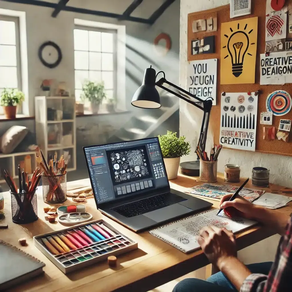 DALL·E 2025-03-09 12.23.54 - A creative home office where a remote worker is engaging in artistic and problem-solving activities. The workspace includes a laptop displaying a desi
