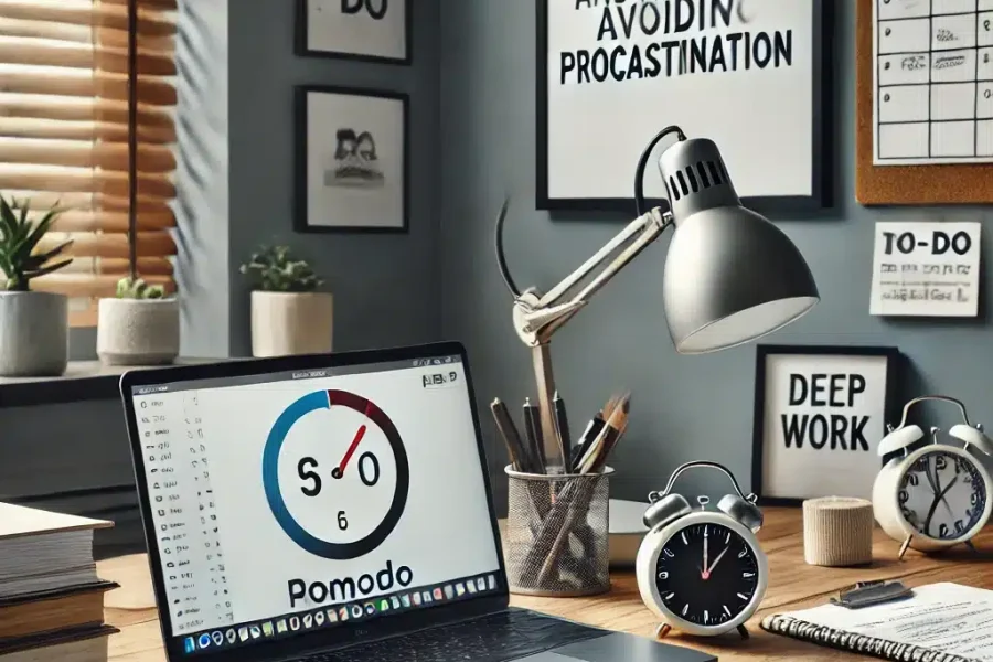 DALL·E 2025-03-09 12.25.00 - A productive home office where a remote worker is staying focused and avoiding procrastination. The workspace includes a laptop with a Pomodoro timer,