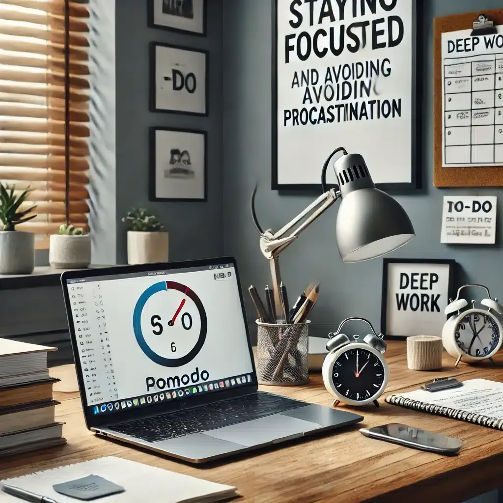 DALL·E 2025-03-09 12.25.00 - A productive home office where a remote worker is staying focused and avoiding procrastination. The workspace includes a laptop with a Pomodoro timer,