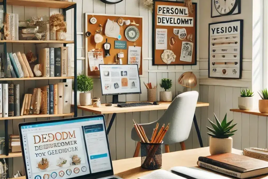 DALL·E 2025-03-09 12.26.10 - A modern home office where a remote worker is engaged in personal and professional development. The workspace includes a laptop displaying an online c