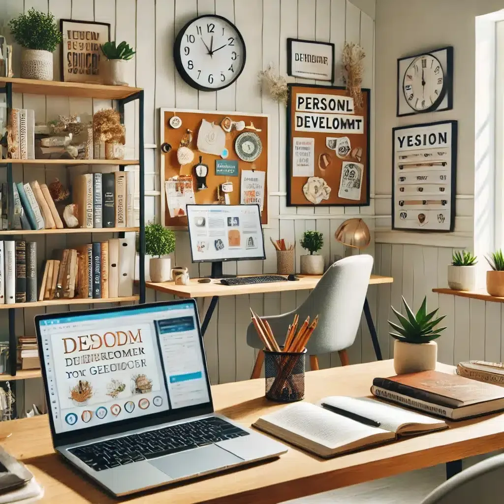 DALL·E 2025-03-09 12.26.10 - A modern home office where a remote worker is engaged in personal and professional development. The workspace includes a laptop displaying an online c