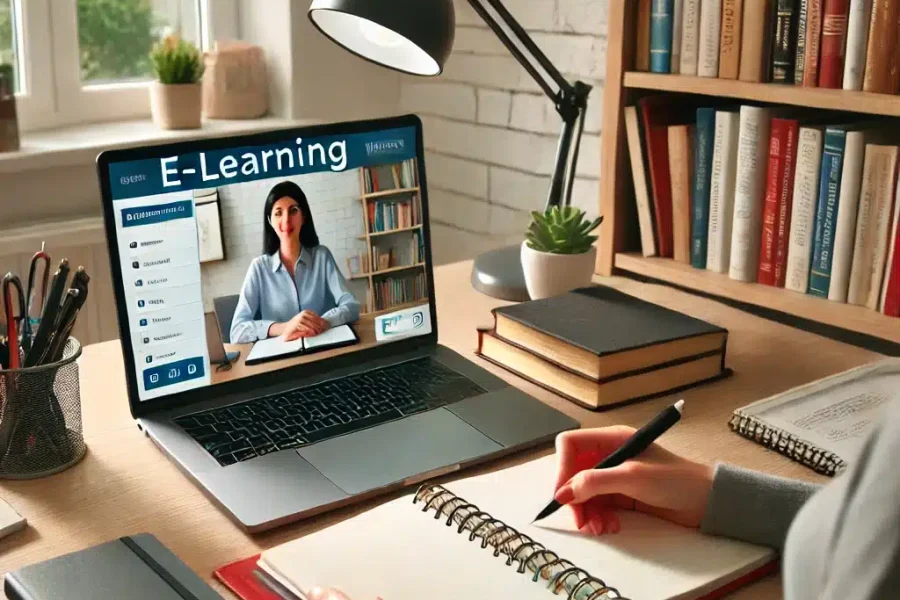 DALL·E 2025-03-09 12.39.35 - A productive home office where a remote worker is engaged in an online training session. The workspace includes a laptop displaying an e-learning plat