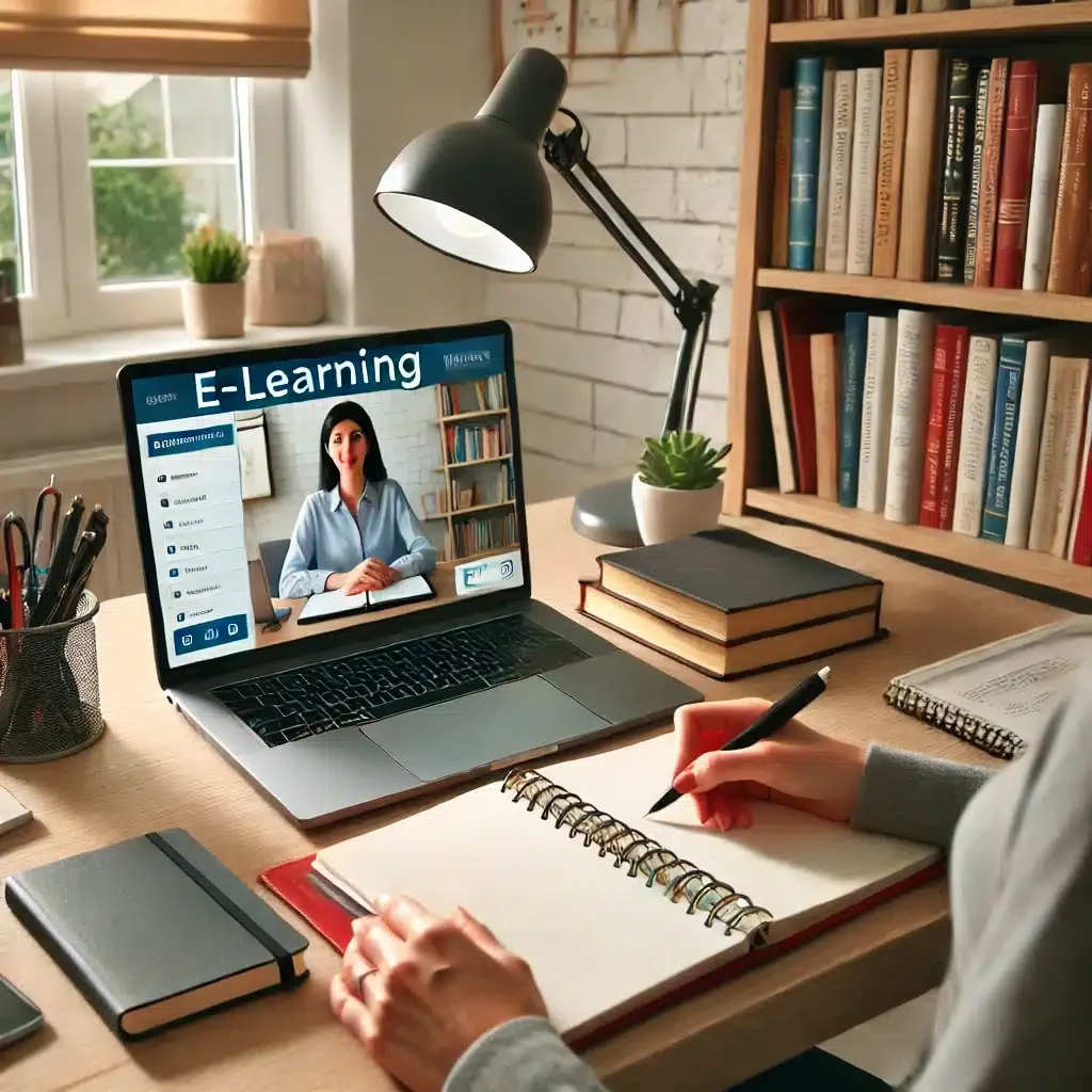 DALL·E 2025-03-09 12.39.35 - A productive home office where a remote worker is engaged in an online training session. The workspace includes a laptop displaying an e-learning plat