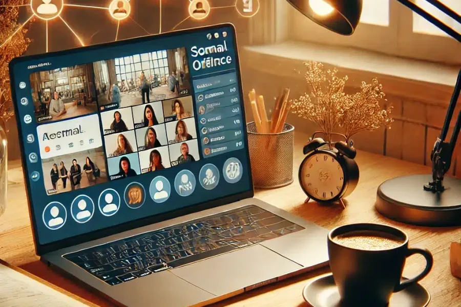 DALL·E 2025-03-09 12.40.44 - A cozy home office where a remote worker is engaging in social activities to combat isolation. The workspace includes a laptop displaying a virtual so