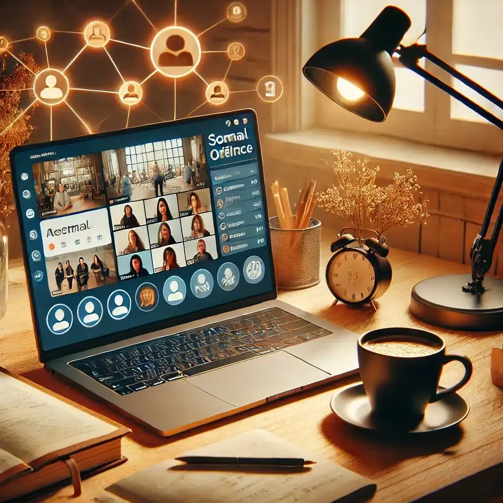 DALL·E 2025-03-09 12.40.44 - A cozy home office where a remote worker is engaging in social activities to combat isolation. The workspace includes a laptop displaying a virtual so