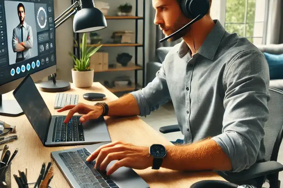 DALL·E 2025-03-09 12.42.32 - A professional home office setup where a remote worker is selecting the best tech equipment for telecommuting. The workspace includes a laptop, an erg