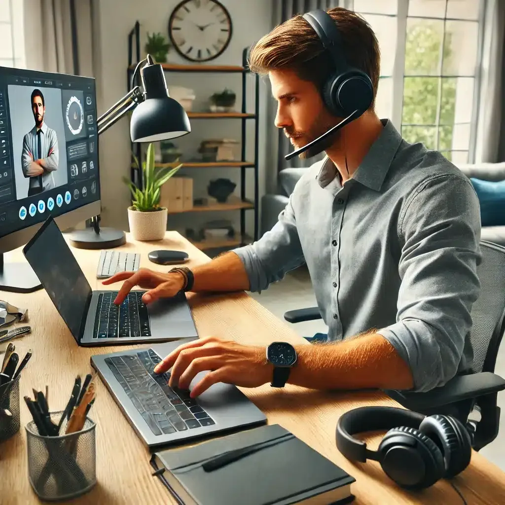 DALL·E 2025-03-09 12.42.32 - A professional home office setup where a remote worker is selecting the best tech equipment for telecommuting. The workspace includes a laptop, an erg