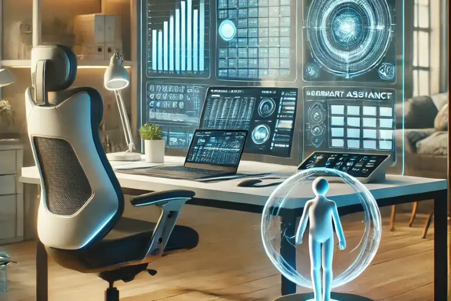 DALL·E 2025-03-09 12.43.41 - A futuristic home office where a remote worker is engaged in hybrid work strategies. The workspace includes a laptop displaying a work schedule balanc