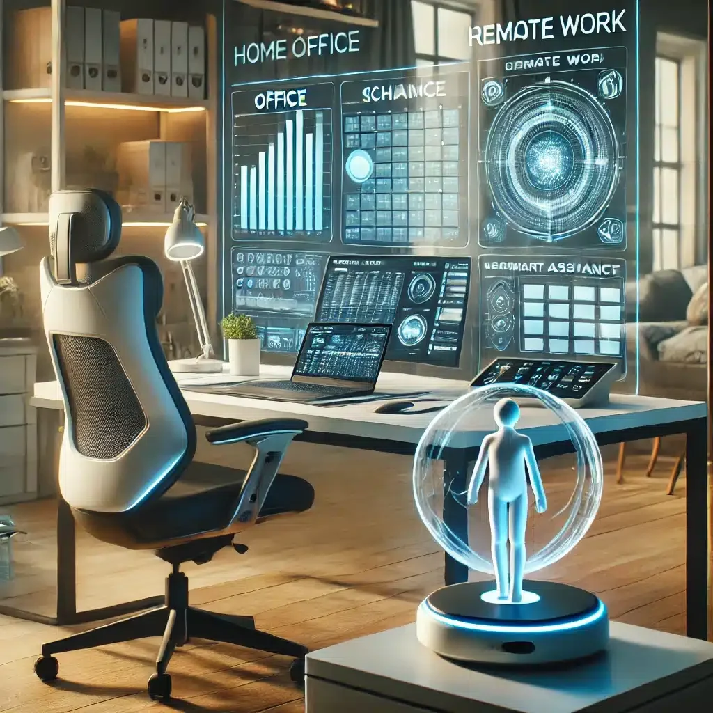 DALL·E 2025-03-09 12.43.41 - A futuristic home office where a remote worker is engaged in hybrid work strategies. The workspace includes a laptop displaying a work schedule balanc